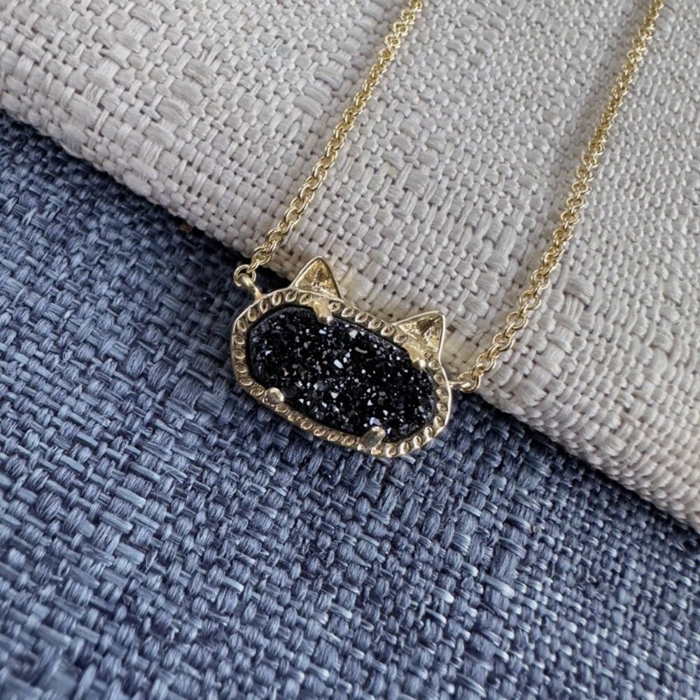 Black Cat Black Drusy Gold Pendant Necklace